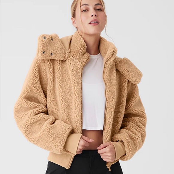 Alo Yoga Foxy Sherpa Teddy Jacket Removable Hood Camel Size Small EUC - Picture 14 of 16